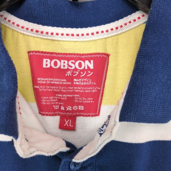 Bobson Men's XL Striped Polo Shirt Okayama Japan Streetwear Blue Yellow Preppy - Picture 2 of 6